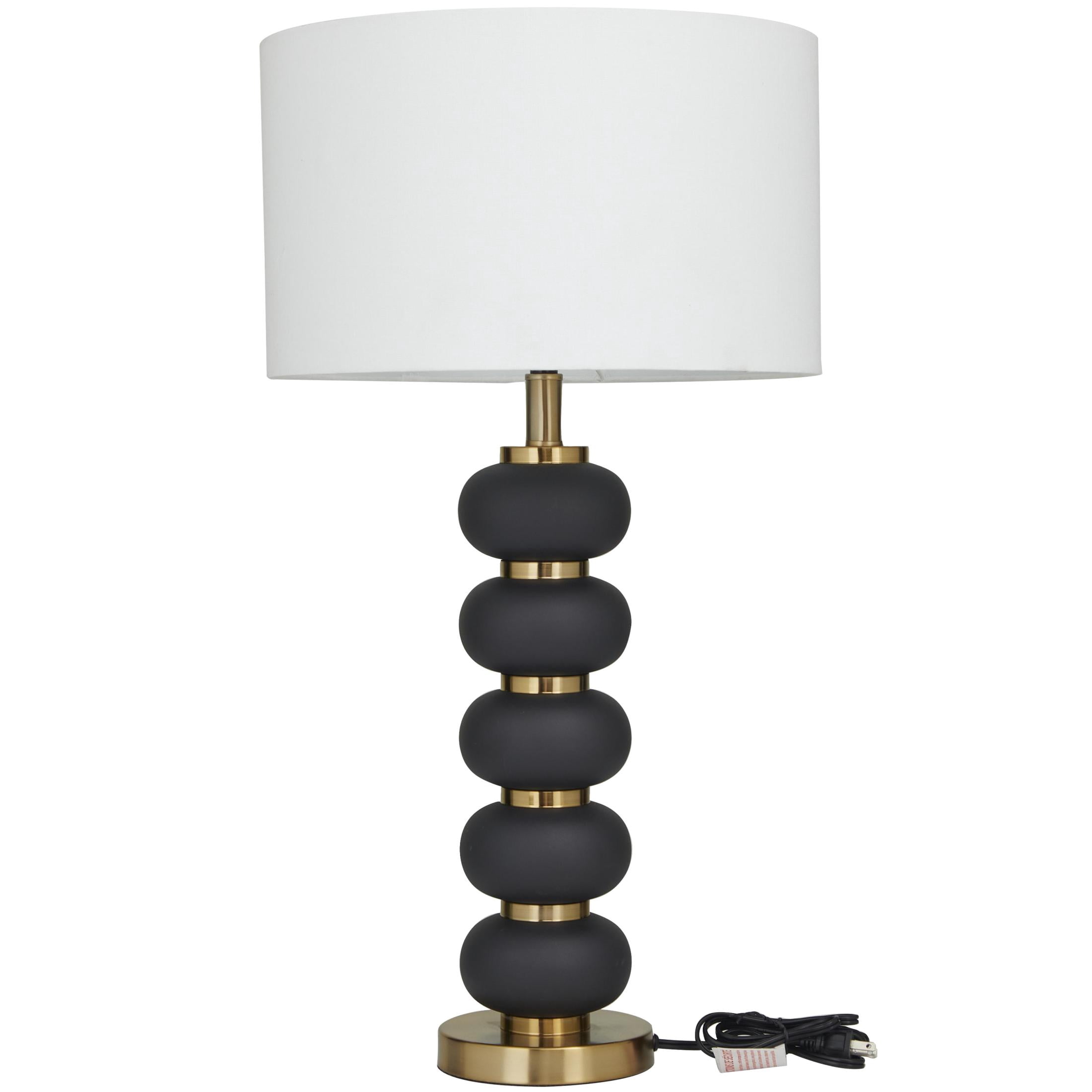 DecMode Metal Contemporary Drum Shaped with Oblong Shaped Accent Table Lamp 15"W x 28"H, Matte Black and Metallic Gold Finished Body with White Linen Lampshade