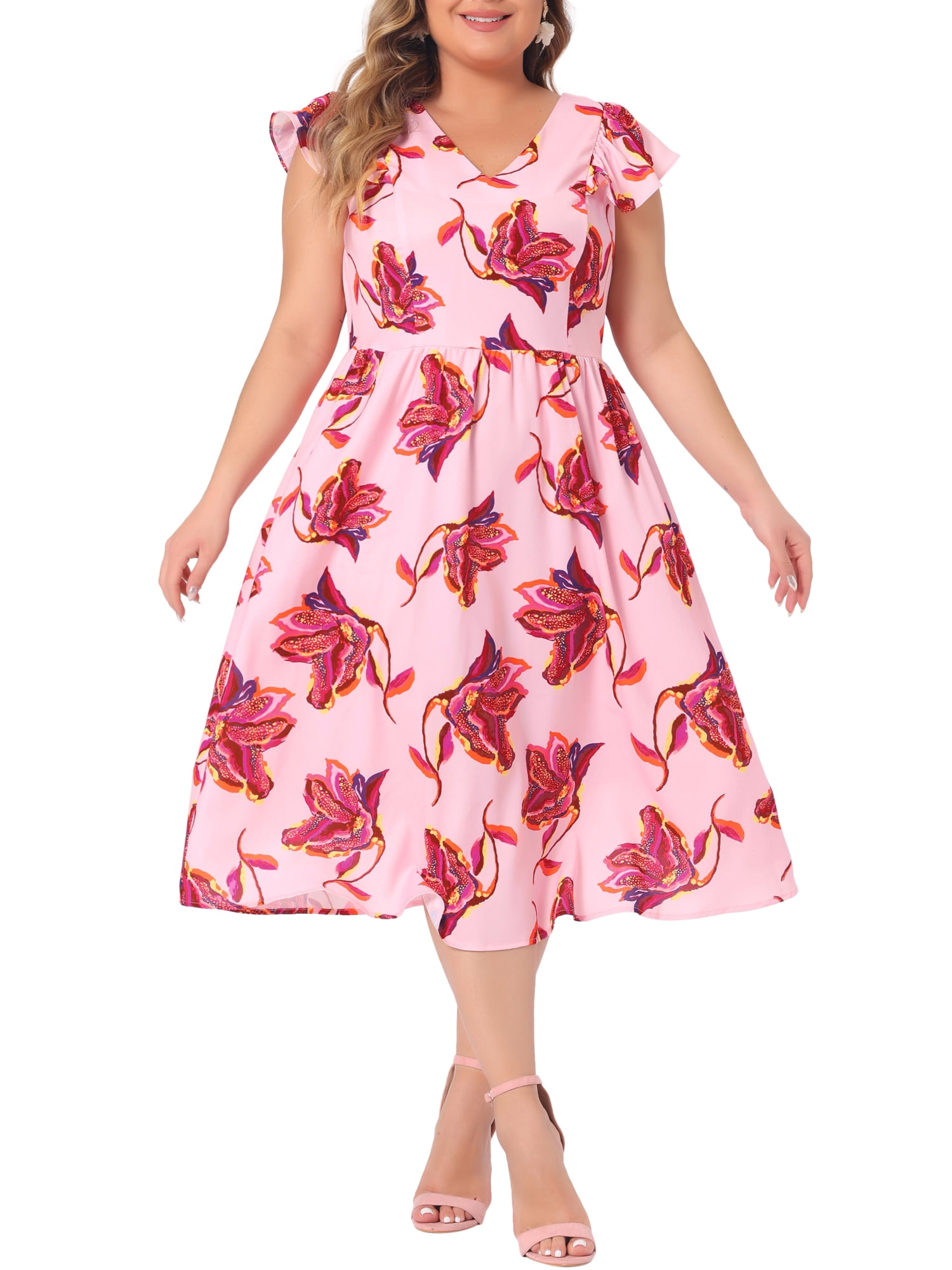 DARING DIVA Women's Plus Size Floral Ruffle Short Sleeves Tie Back V Neck Dress 3X Pink