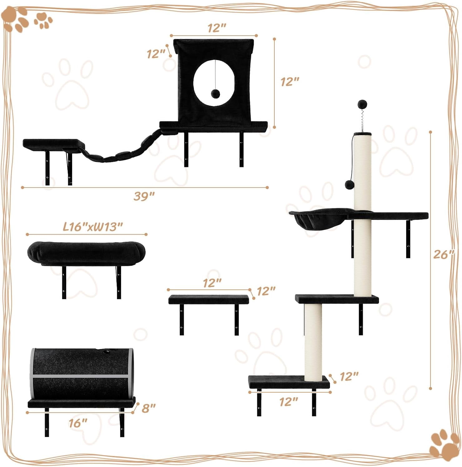 SONGMY 7-in-1 Wall Mounted Cat Climber Set, Cat Furniture Set with House, Bridge, Steps, Scratcher Post, DIY Playground, Cat Wall Shelves - Black