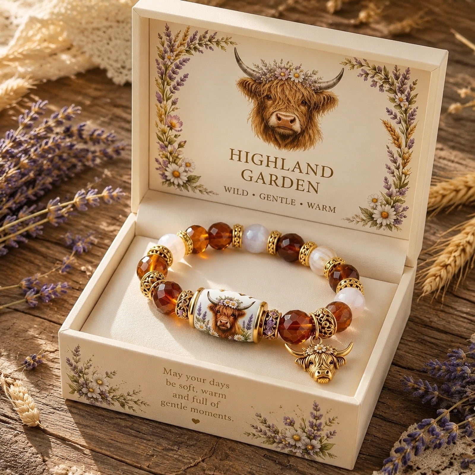 Hovilon Highland Cow Beaded Bracelet with Cute Cow Head Pendant, Western Farm Style Plastic Jewelry Accessory for Women, Sweet Birthday and Holiday Gift for Animal Lovers, 10cm