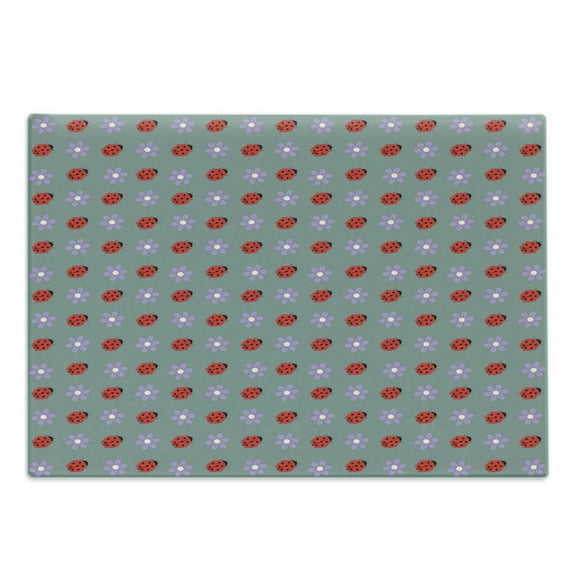Ladybugs Cutting Board, Bugs and Flower Pattern Flora and Fauna Design Diagonal Lilacs and Beetle Ornament, Decorative Tempered Glass Cutting and Serving Board, Large Size, Multicolor, by Ambesonne