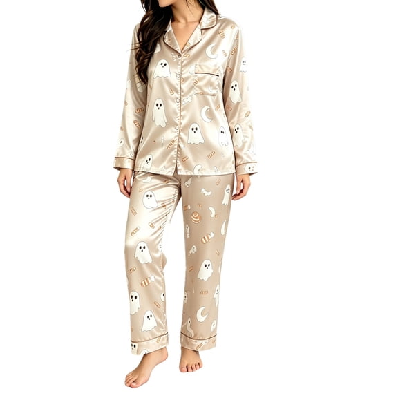 CONROSES Halloween Pajama Set for Women Hallowmas Pjs Ghost Pumpkin Graphic Long Sleeve Buttons Tops Pants Loungewear Sets Cozy Nightwear Sleepwear