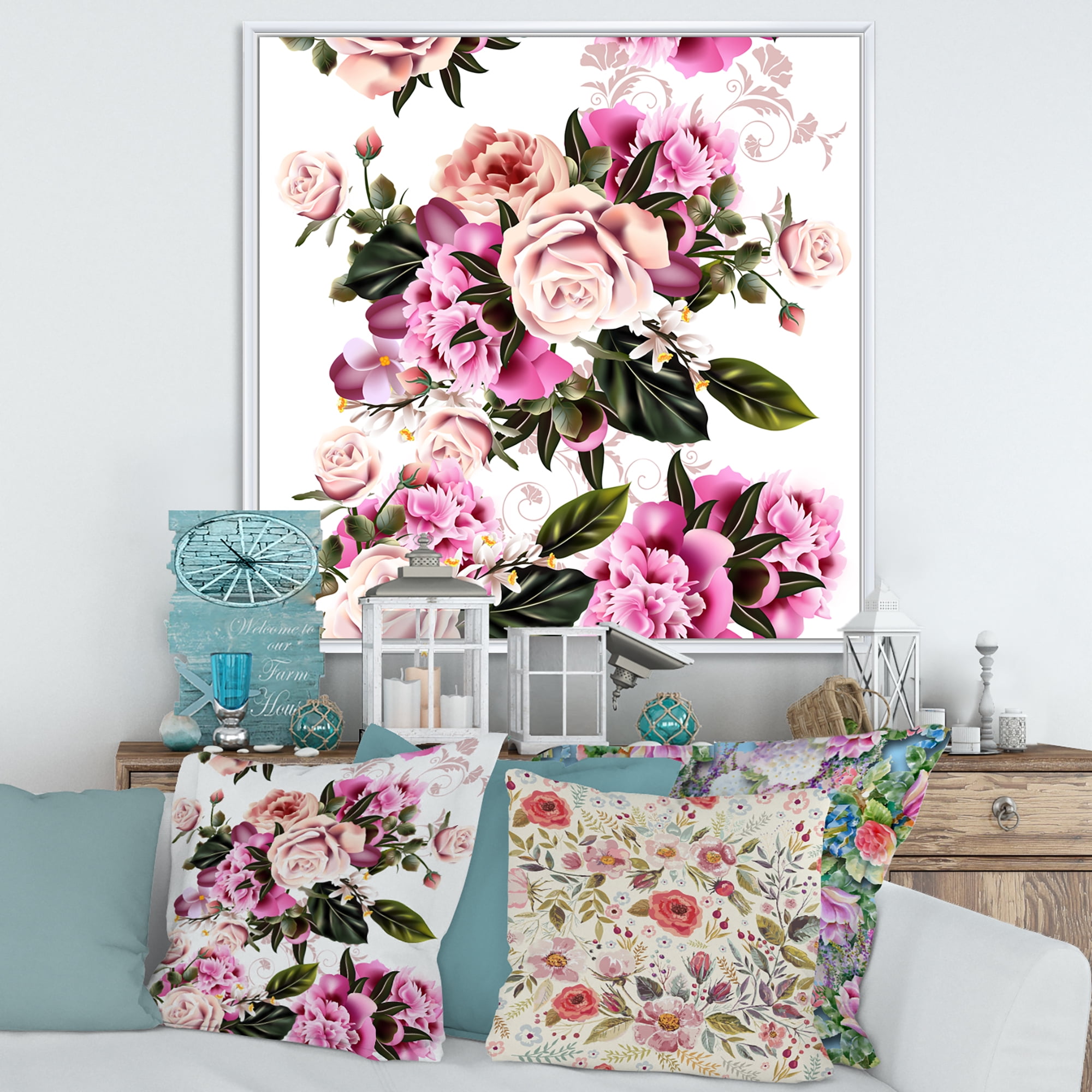 Designart 'Peony Vintage Flowers' Traditional Framed Canvas Wall Art Print