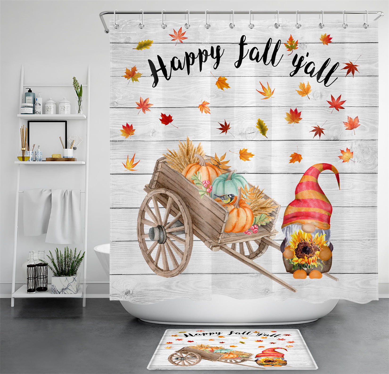 lovedomi Hello Fall Shower Curtain Vintage Blue Truck Pumpkin Sunflower Autumn Maple Leaves Rustic Wood Plank Thanksgiving Harvest Shower Curtains for Bathroom Set Decor with Hooks 60X72 Inch Fabric 