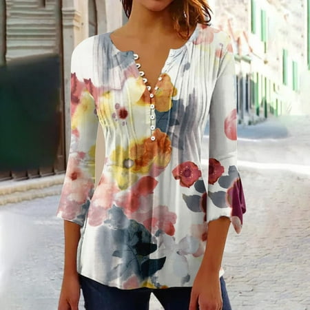 GaThRRgYP Spring Tops for Women 2025 Womens Plus Size Tops Clearance Women s Casual Trumpet 3/4 Sleeve Printed Buttoned Basic Ruched Corset Tunic Tops Pleated T-Shirts