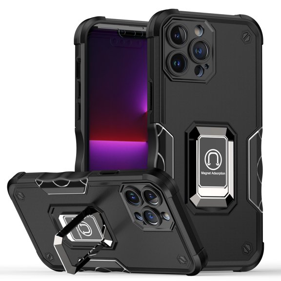 Military Grade Shockproof Hybrid Armor Case with Ring Grip for iPhone 14 Pro Max - Black