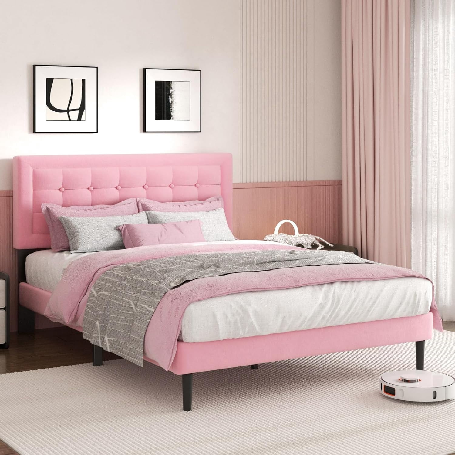 VIPLOV Pink Bed Frame,King Size Bed Frames with pholstered Headboard, Easy Assembly, Pink