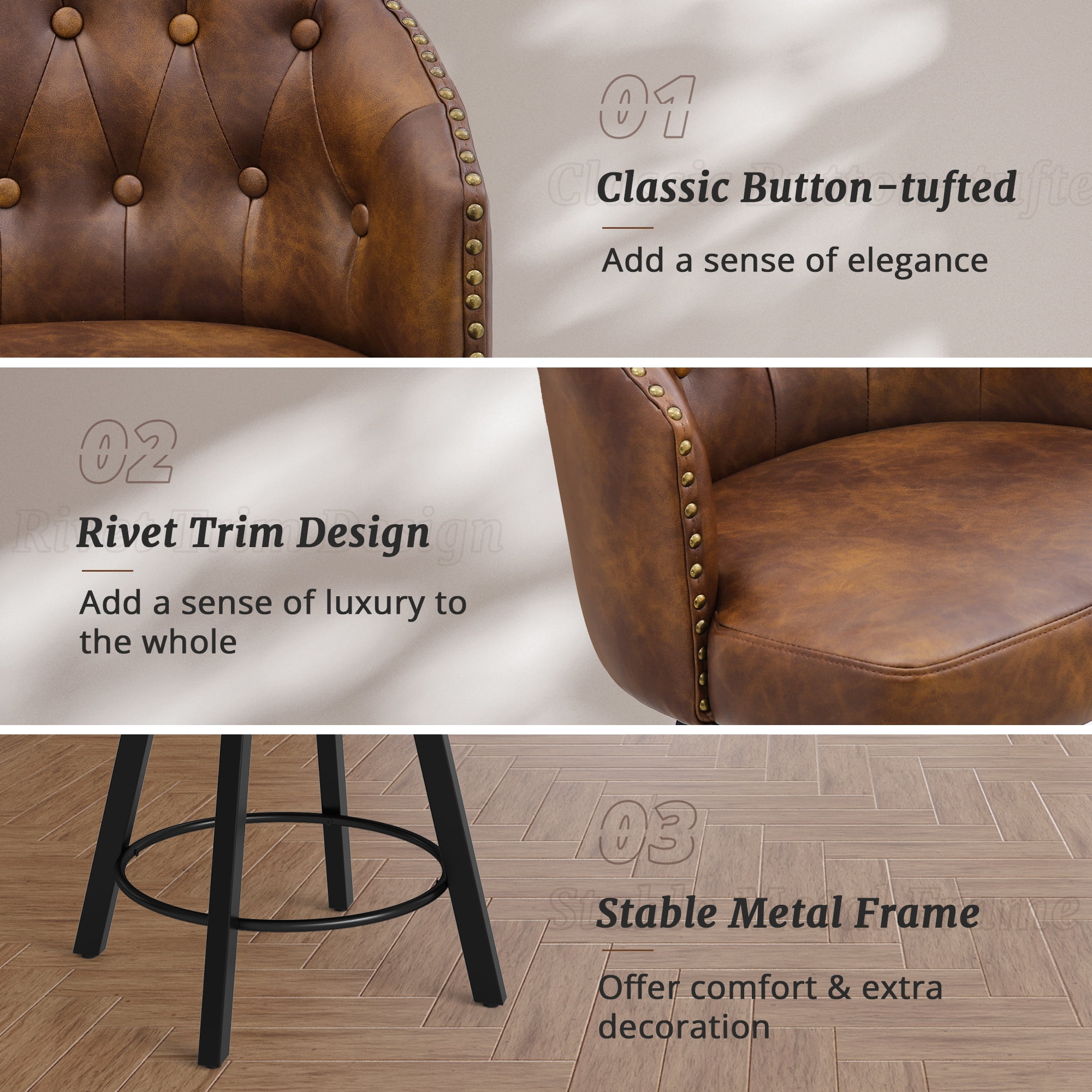 Dycanpo 26''H Swivel Counter Height Bar Stools with Back Dining Chair for Home Kitchen Island, Brown