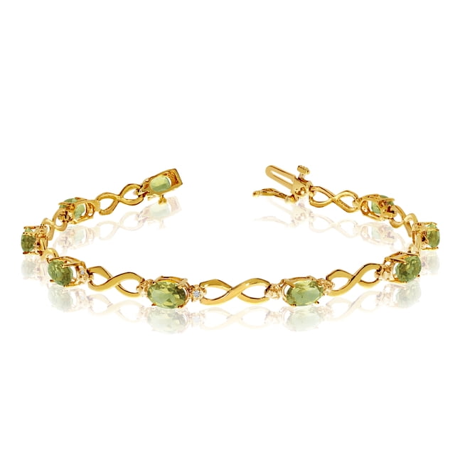 14K Yellow Gold Oval Peridot Stones And Diamonds Infinity Tennis Bracelet, 7"