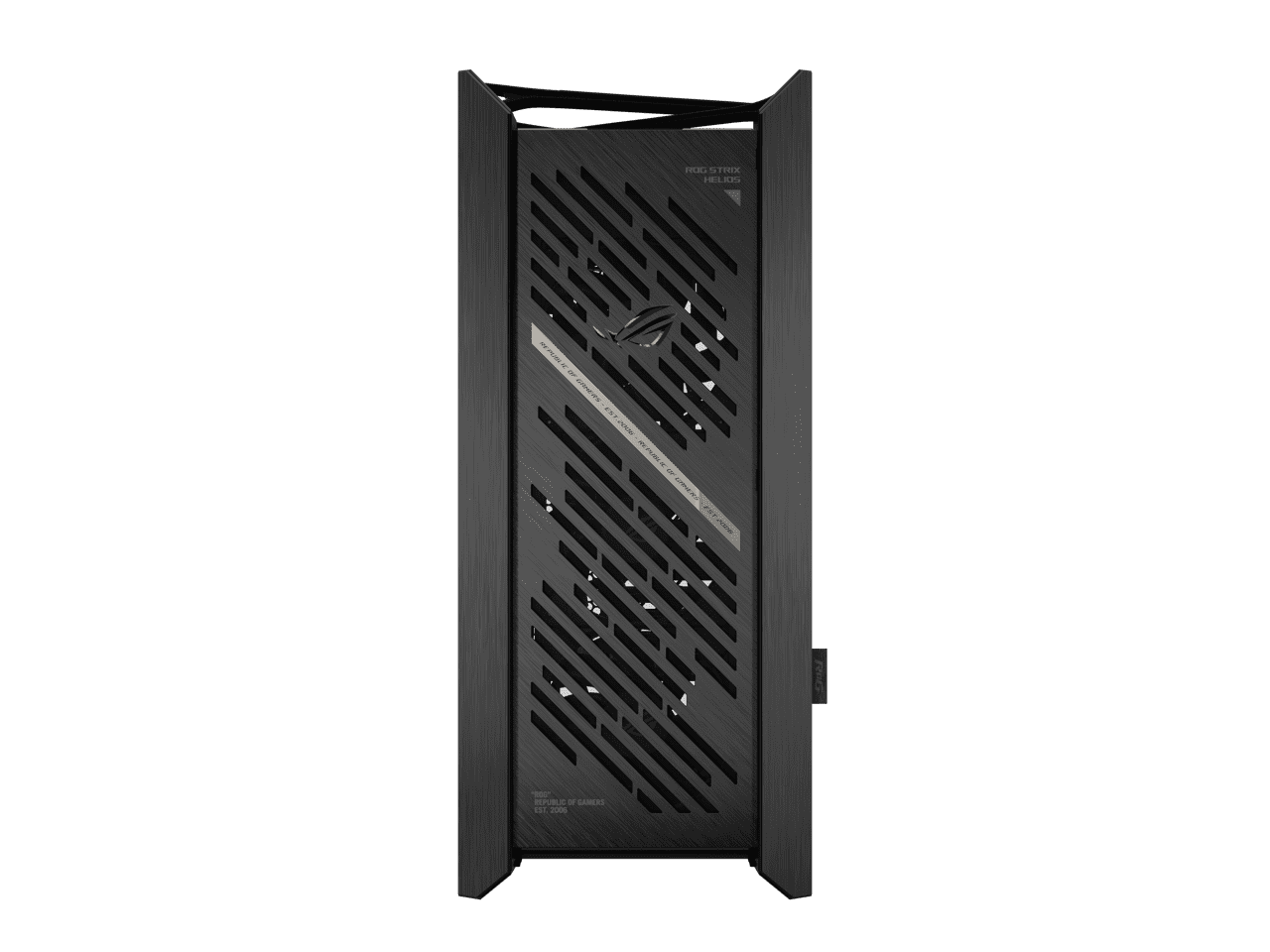 The ASUS ROG Strix Helios II is an EATX mid-tower gaming PC case featuring dual tempered glass panels and an aluminum diamond-grille design, four pre-installed fans for advanced cooling, and support