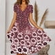 thumbnail image 1 of ICHUANYI Clearance Women's Summer Flower Printing Short Sleeve V Neck Lace Splicing Dresses Fashion Full Skirt Dress(Wine, L) ICHUANYI WER2023080900939, 1 of 6
