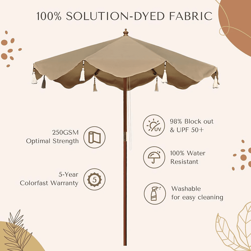 Boho Fringe Umbrella Wood Market Umbrella, Khaki + Tassels