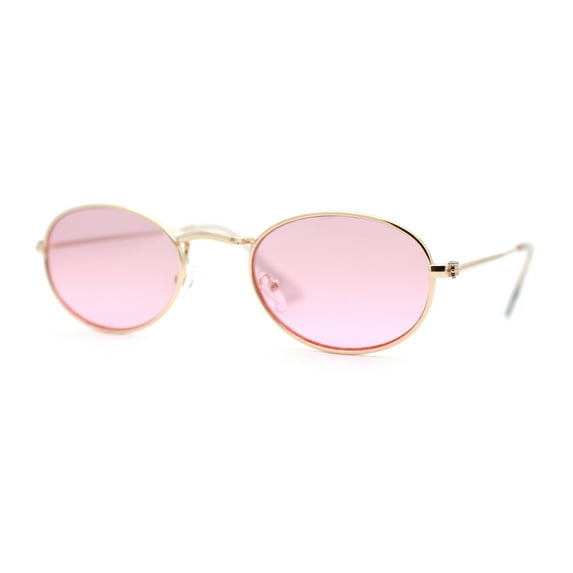 Hippie Micro Narrow Oval Pop Color Lens Metal Rim Sunglasses Gold Pink