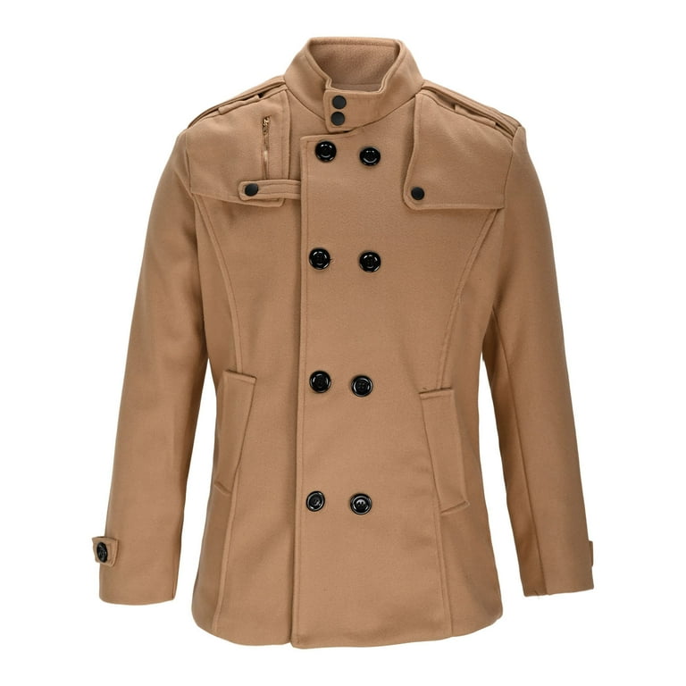 Mens Classic Pea Coat Notched Collar Double Breasted Slim Fit