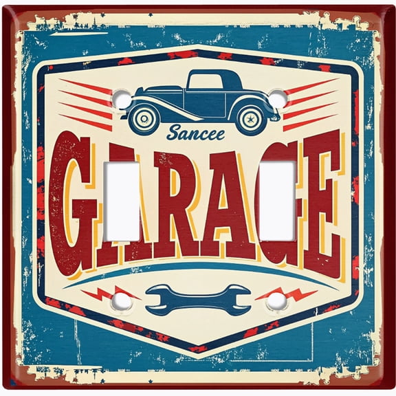 Metal Light Switch Wall Plate Outlet Cover (Printed Image of Retro Garage Sign - Double Toggle)