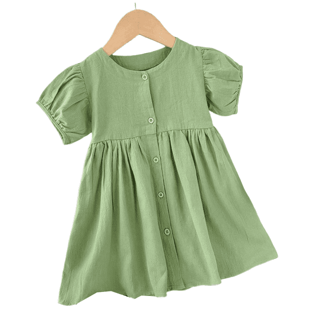 LYMAYTER Robe à Manches Courtes Bouffantes pour Filles, Robe pour Tout-Petits à Boutons, Col Ras du Cou, Robe d'Été Mini Décontractée de Base Douce pour Enfants