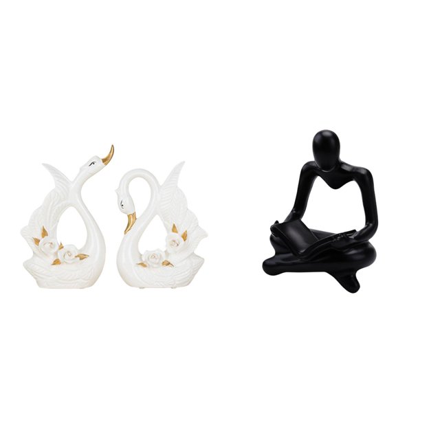 Elegante conjunto de esculturas de cisne y pensador abstracto de cerámica para decoración de estantería, armario o escritorio en la sala de estar. Ado