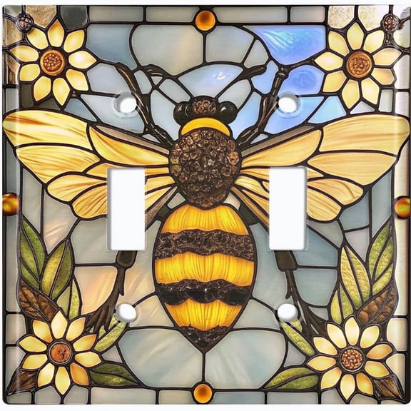 Metal Light Switch Wall Plate Outlet Cover (Printed Image of Stained Glass Bumblebee - Double Toggle)