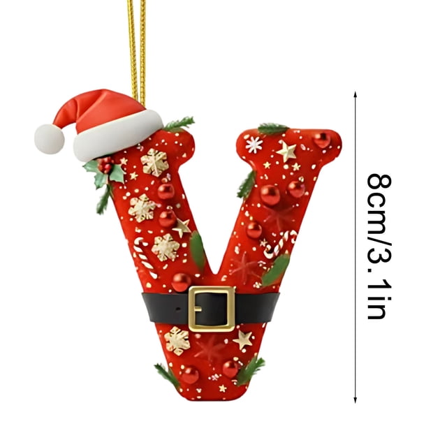 Adornos navideños con letras iniciales, adornos colgantes decorativos para árbol de Navidad de 26 letras, adornos con iniciales personalizados con gorro y cinturón de Papá Noel, bastón de caramelo, a