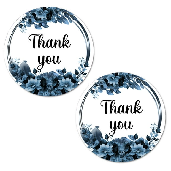 40 Dark Blue Flowers Thank You Stickers, 2 Inch Big Round Glossy Labels, Great For Weddings, Bridal Shower, Engagement Party, Party Favors Décor, Tags, Supplies. Made in USA.