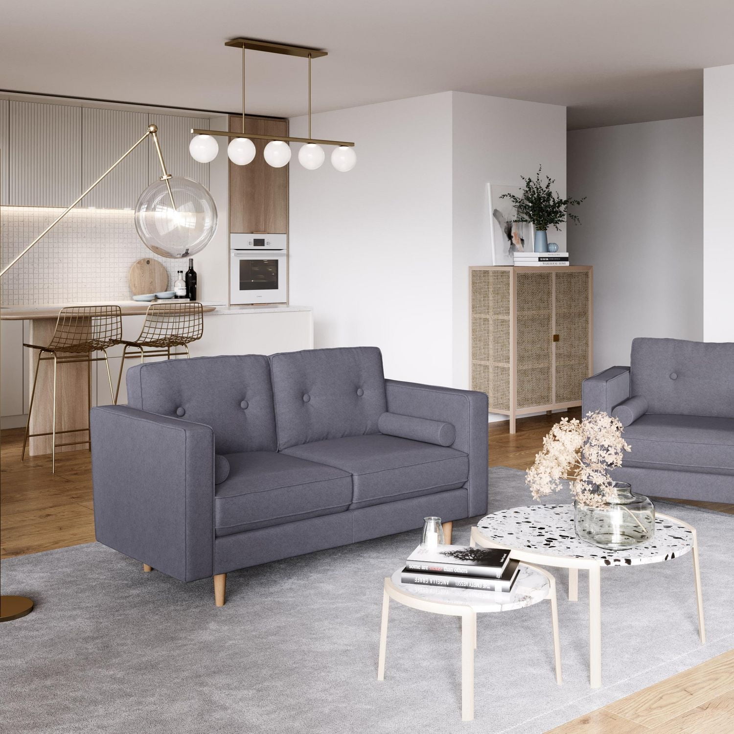 CorLiving Mulberry Fabric Upholstered Modern Indoor Loveseat with Tufted Back and Extra Bolster Cushions