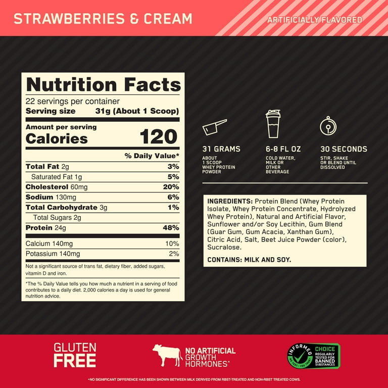 Optimum Nutrition, Gold Standard 100% Whey Protein, Strawberries & Cream,  22 Servings 