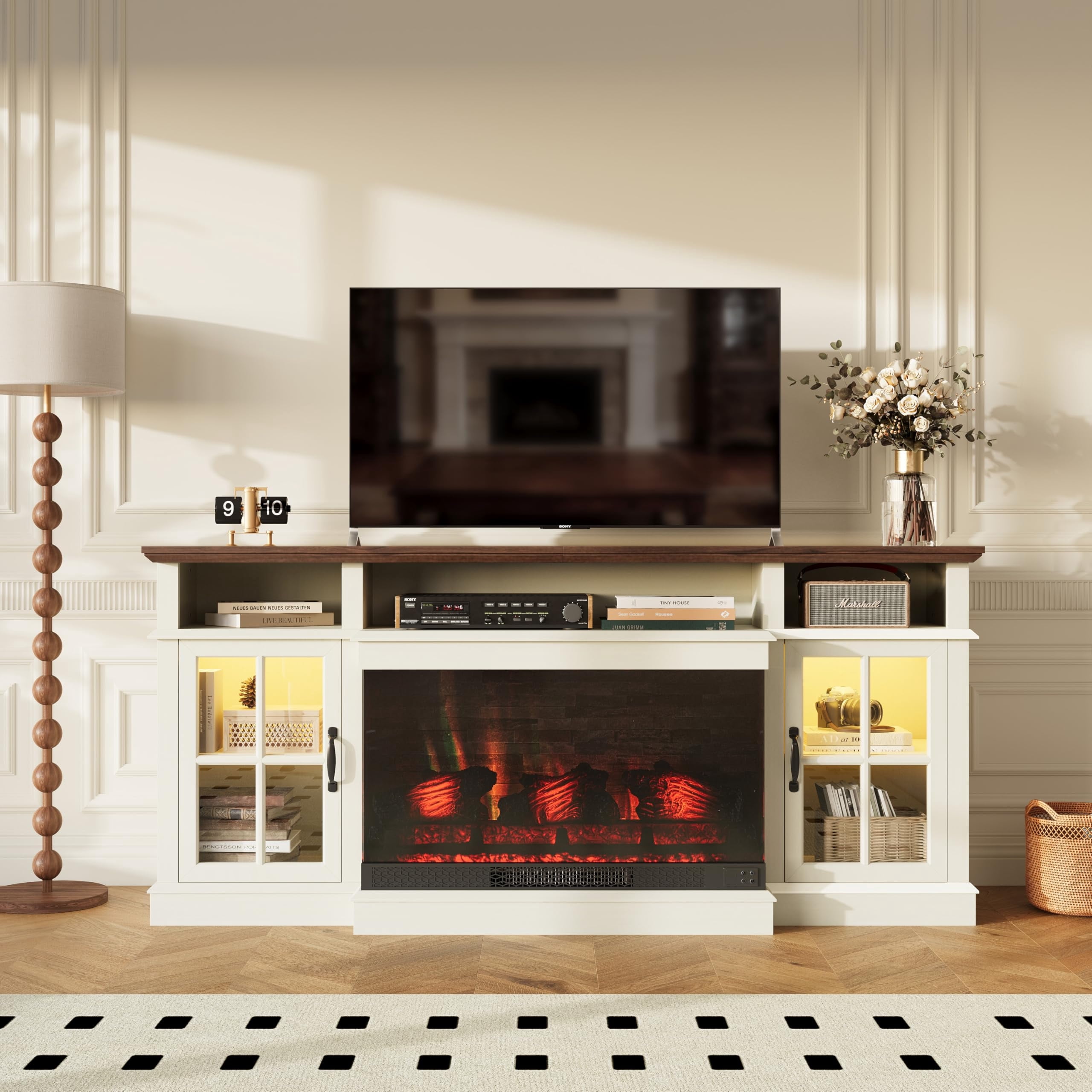 Sonegra 36 Inch Fireplace TV Stand with LED Light, Entertainment Center with 3-Sided Glass Fireplace for TVs up to 80", TV Console, White
