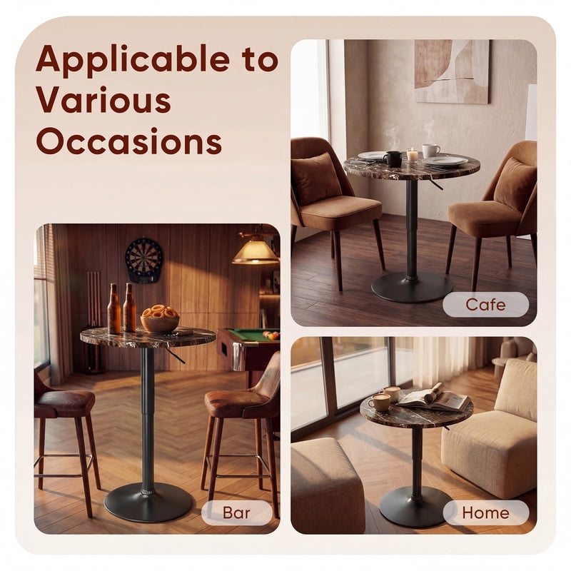 Lacoo 2 Pcs 23.6" Adjustable Round Bistro Pub Table, Swivel Pub Table with Metal Base for Home Bar, Kitchen, Dining Room, Faux Marble/Black