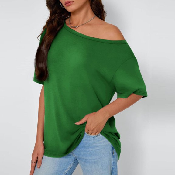 Vekome Womens Pullover Tops Short Sleeve Plus Size Shirts Loose Off Shoulder Neck Casual Tee Shirts Solid Color Summer Clothes