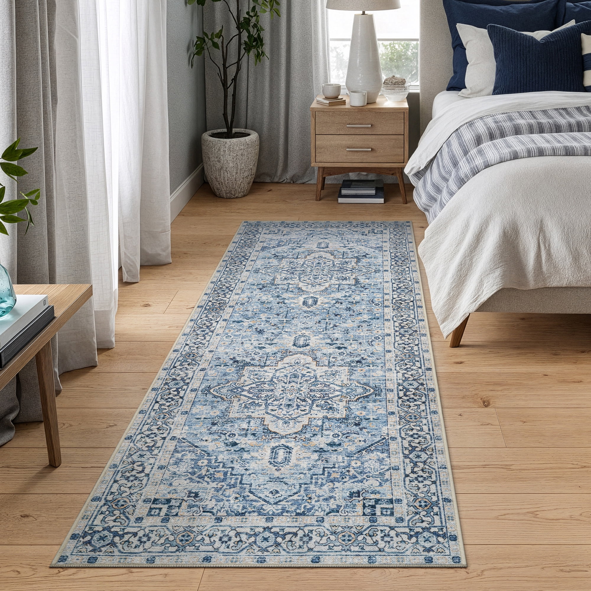 Bloom Rugs Washable Non-Slip 12 ft Runner - Navy Blue Traditional Oriental Runner for Entryway, Hallway, Bathroom, and Kitchen - Exact size: 2'6" x 12'