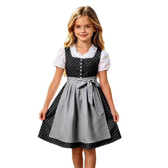 Lullu Girls Oktoberfest Polka Dot Bavarian Dirndl Dress Apron 2Pcs Set, Black, Sizes 3-12
