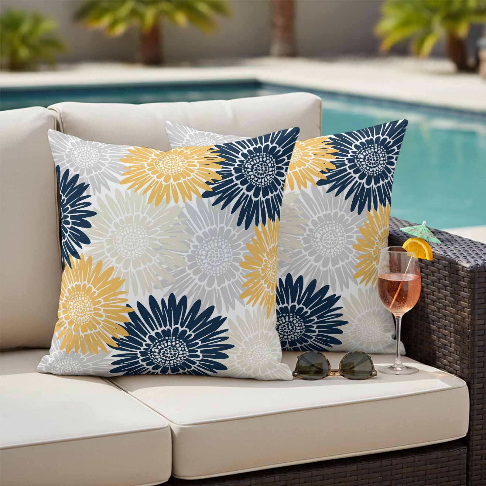 Yellow Grey Sunflowers Outdoor Waterproof Throw Pillow Covers 24x24 Set of 2, Boho Vintage Floral Rustic Blossom Pillowcases Cushion Pillowcase for Couch Sofa Patio Outside Pillow Protector