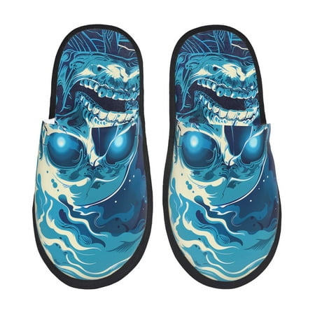 Balery Abstract Blue Skull Slient Indoor Furry Fleece Comfort House Shoes Soft Non-Slip Home Shoes Cotton slippers House Slippers-- Medium