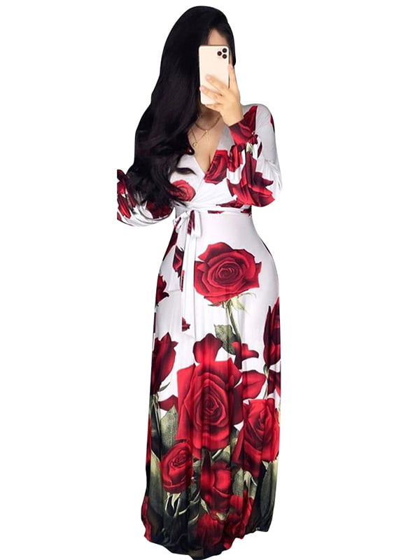 WENOVL Holiday Dresses for Women,Women Casual Casual Print Dress Sleeve Loose Party Long Dress 