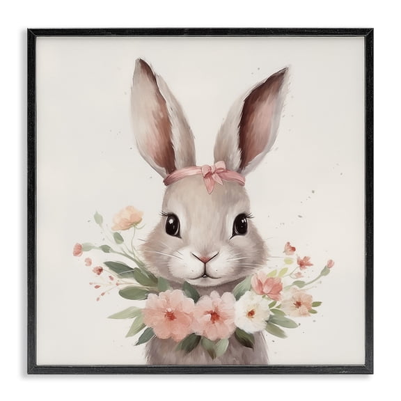 Stupell Industries Charming Bunny in Floral Wreath Black Framed Giclee Art, design by Lazar Studio