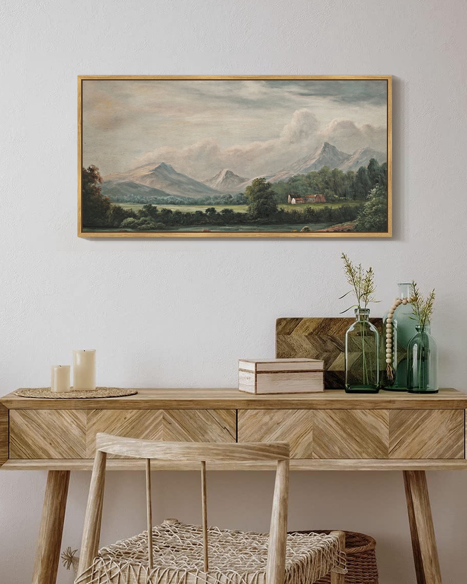 Drsoum Vintage Wall Art Country Village Landscape Painting Retro Mountain Meadow Scenery Farmhouse Kitchen Living Room Decor 8x16in Natural Framed