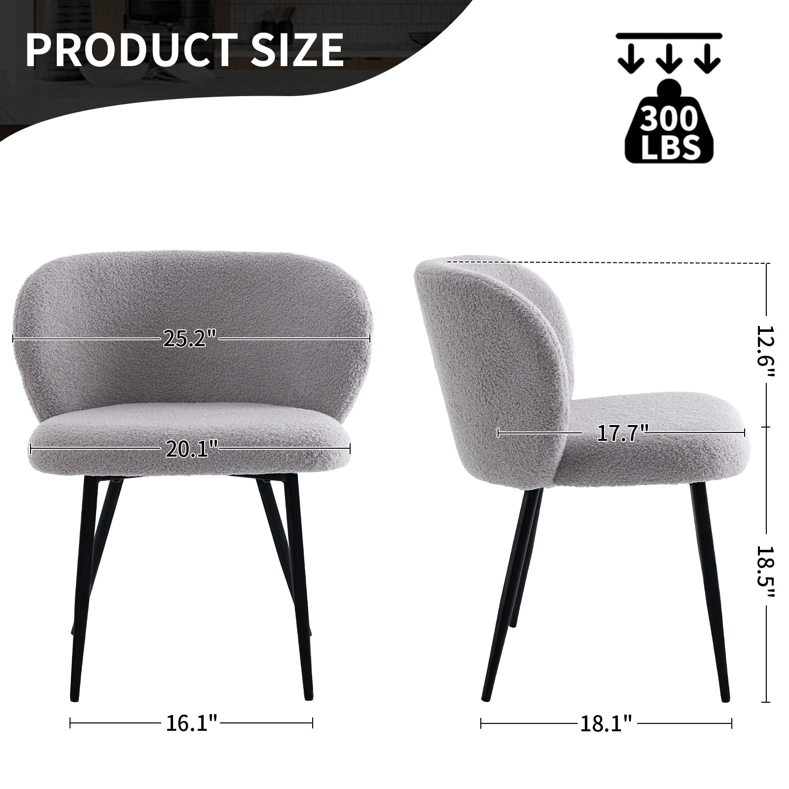 Rongbuk Modern Teddy Dining Chairs Set of 2, Comfy Kitchen Armless Chairs with Thick Cushions, Wingback Chair, Upholstered Dining Room Chairs with Metal Legs for Dining Room, Living Room, Grey