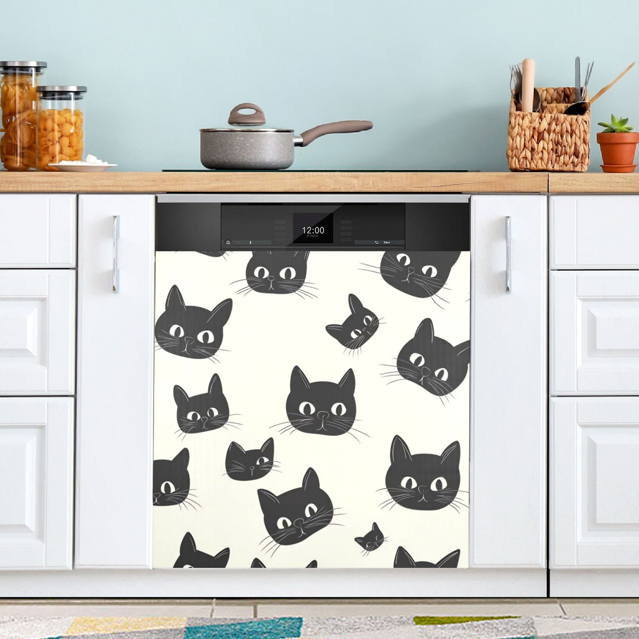 Dishwasher Magnetic Sticker 23x26 Inch Refrigerator Magnetic Sticker Washing Machine Magnetic Sticker Kitchen Panel Magnetic Sticker Home Decor Black Cartoon Cat Seamless