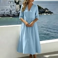 thumbnail image 6 of Ohufall Cotton Linen Dress for Women Hollow Out Pleated Dresses V Neck Half Sleeve Vacation Beach Maxi Dress, 6 of 8