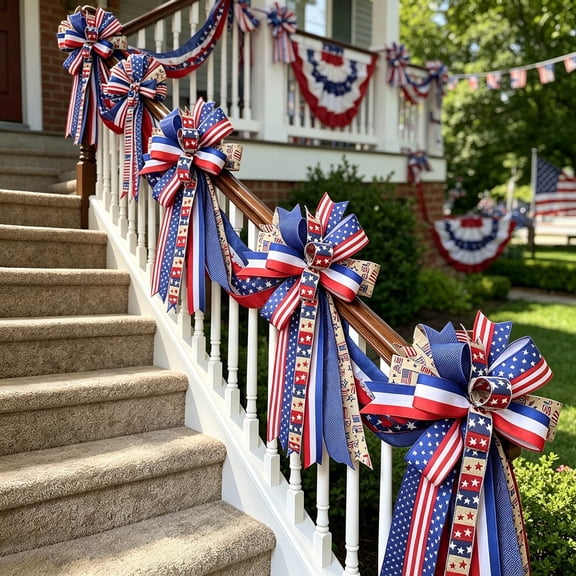 Patriotic Multi-Layered Ribbon Bow Ornament 4th of July Red White Blue Stars and Stripes Decoration Vintage Independence Day Front Door Wreath for Memorial Day Staircase and Porch Decor