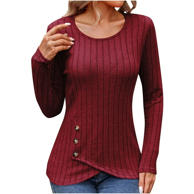 Timegard Blouse for Women Long Sleeve Ribbed Round Neck Button Tops Fall Winter Casual Comfy Tunic Tops