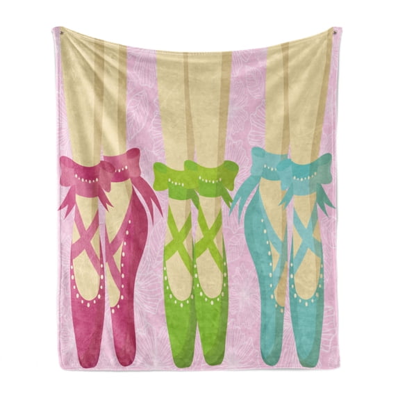 Ballet Soft Flannel Fleece Blanket, Pointe Shoes Ballerina Woman Feet Classic Slippers View on Floral Leaves Background, Cozy Plush for Indoor and Outdoor Use, 50" x 70", Multicolor, by Ambesonne