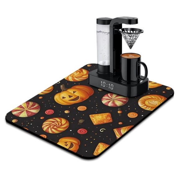 Dish Drying Mat for Kitchen Counter Happy Halloween Cute Pumpkin Candy Coffee Bar Mat Non Slip Foldable Washable 18x24 Inch Dry Pad for Coffee Machine Dish Rack