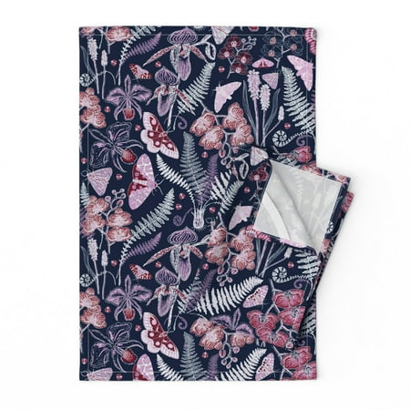

Printed Tea Towel Linen Cotton Canvas - Botanical Study Navy Butterfly Moth Jungle Floral 21318 Print Decorative Kitchen Towel by Spoonflower