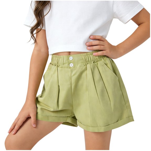 Girls High Waisted Shorts 100% Cotton Green Pleated Paper Bag Waist Elastic Waistband Casual Summer Play Shorts for Kids to Big Kids,Size 12-13 T