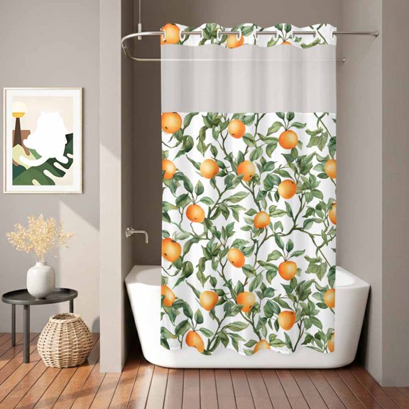 Summer Shower Curtain, Watercolor Orange Plant Waterproof No Hooks Bath Shower Curtain with See Through Top Window for Bathroom Bathtub 36x72in