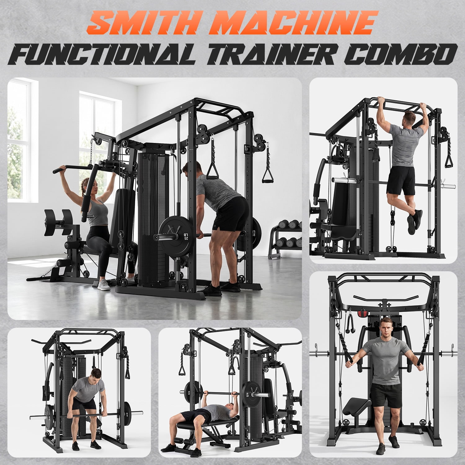 FORGEMUS Smith Machine Power Cage, Multi-Function Home Gym System with 150LB Weight Stack,LAT Station for Full Body Strength Training