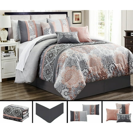 7 Piece Gray Soft Peach Embroidery Comforter Set King Size
