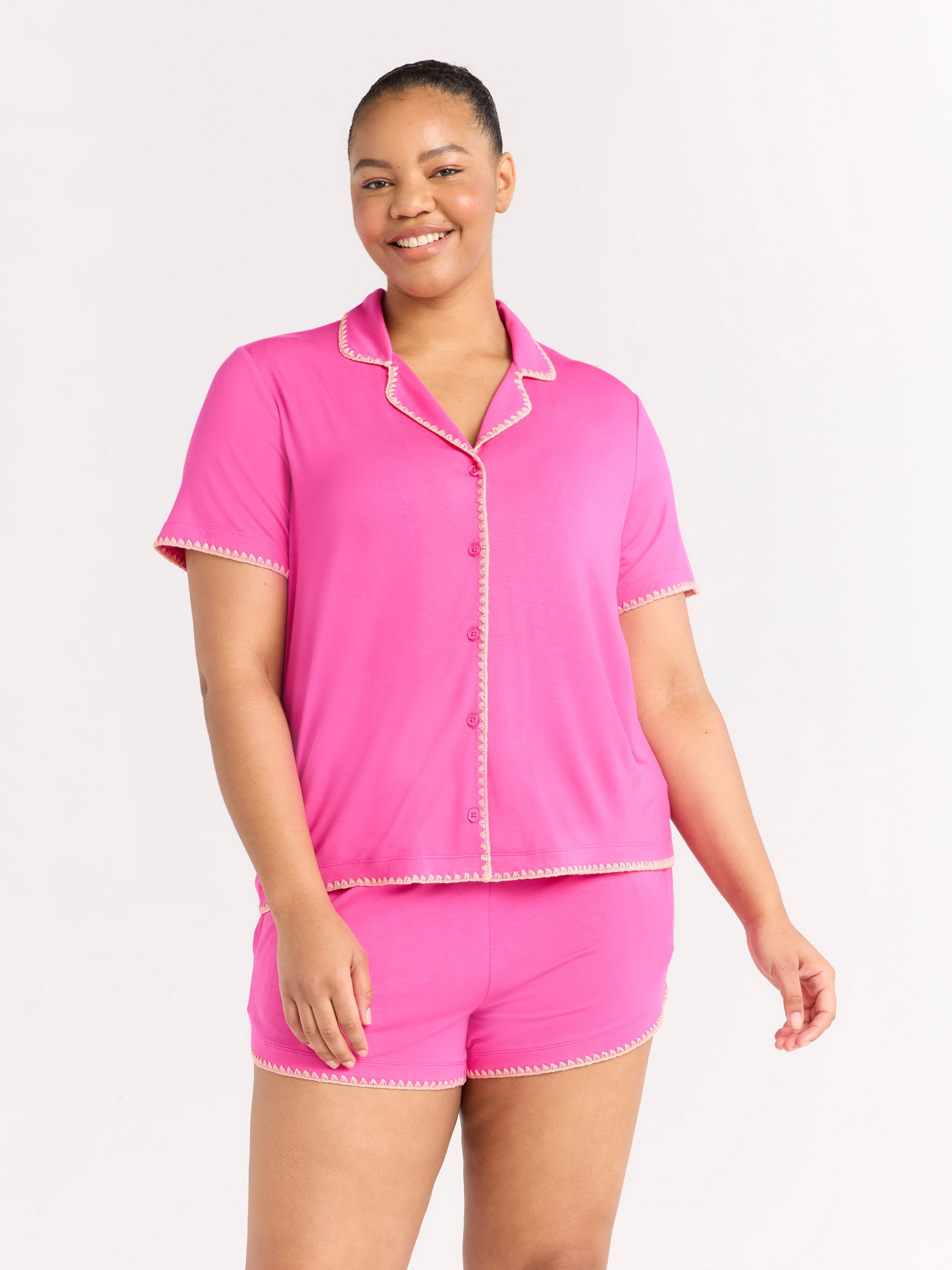 Joyspun Women’s Short Sleeve Notch Top and Shorts Pajama Set with Blanket Stitching, Sizes XS-3X