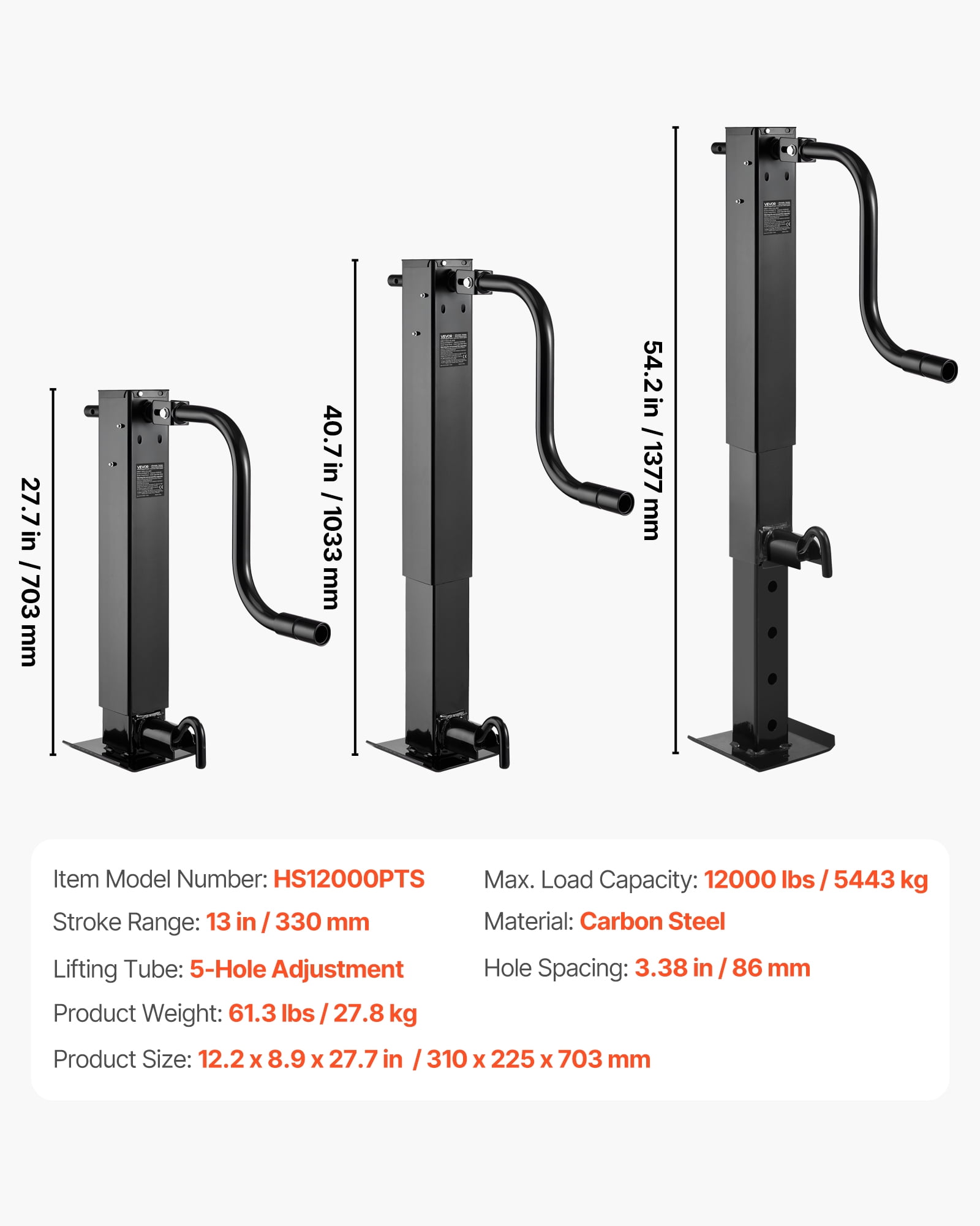 VEVOR Heavy-Duty Trailer Jack, 12,000 lbs Load Capacity, Sidewind Square Direct Weld-on Trailer Jack with Handle Crank, Adjustable Drop Leg, 26-Inch Travel for Lifting RV, Utility, Yacht Trailers